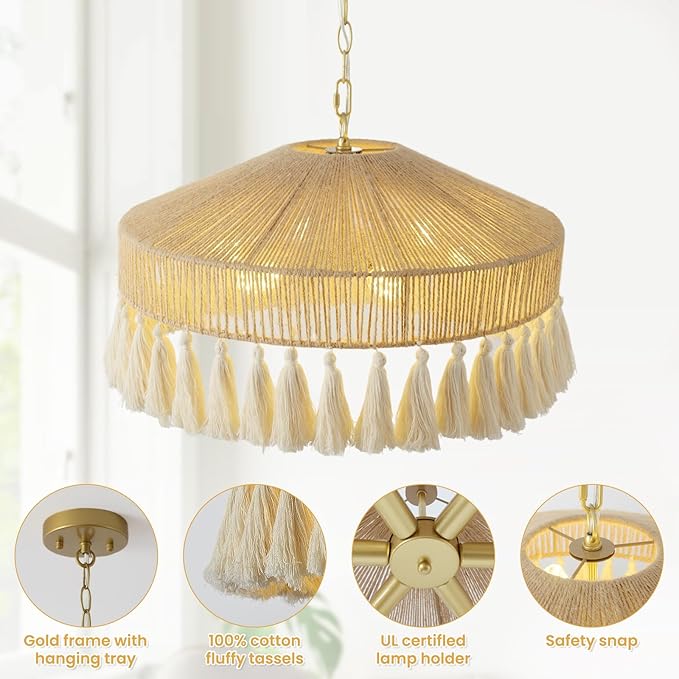 Rattan Pendant Light 19.5in 6 Lights Boho Large Chandelier Wabi-Sabi Pendant Light with Fringe Tassle Chandelier Lighting Fixtures for Living Dining Room Kitchen Bedroom Nursery Girls Room