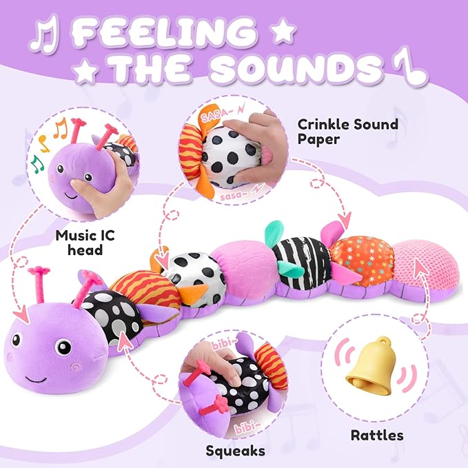 Baby Toys 0-6-12 Months,Musical Caterpillar Stuffed Animals Activity Infant Toys with Crinkle,Rattles,Muti-Teething Sensory Toy,Boy Girl Gifts for Newborn Tummy Time,Purple
