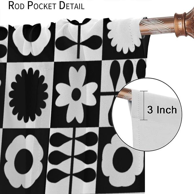 Mid Century Geometric Floral Curtains,Vintage 70s Window Treatments for Boys Girls Kids Bedroom Curtains,Boho Black and White Floral Curtains 63"" W X 63"" L, Style-10