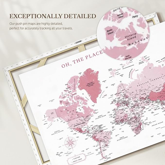 ElephantStock - Places You'll Go Push Pin World Map Wall Art - Horizontal Canvas Wall Art - Living Room Wall Decor - Digital Art Map Canvas Art - White And Pink Decor - 24" x 16"