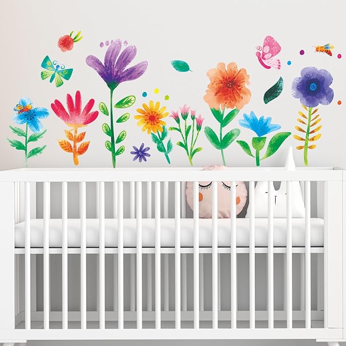 Watercolor Flower Wall Stickers - Kids Baby Boys Girls Toddler Garden Preschool Floral Wall Decals - Nursery Playroom Classroom Daycare Bedroom Home Wall Decor