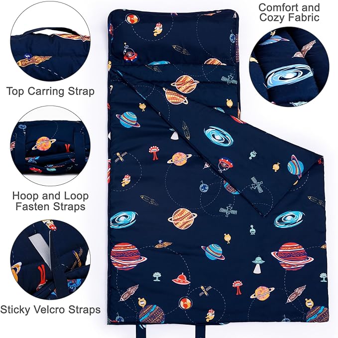 PHF Space Toddler Nap Mat Set, with Removable Pillow for Toddler Boys Girls, Soft and Lightweight for Daycare, Preschool, Travel, Kindergarten Sleeping Bag, Fits Ages 3-6 Years, Space