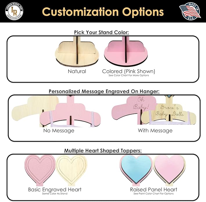 Lumber Reveal USA Baby Clothes Display Stand Personalized Baby Shower Centerpiece or Baby Doll Display | Adjustable Height, Heart-Topped Dress Hanger