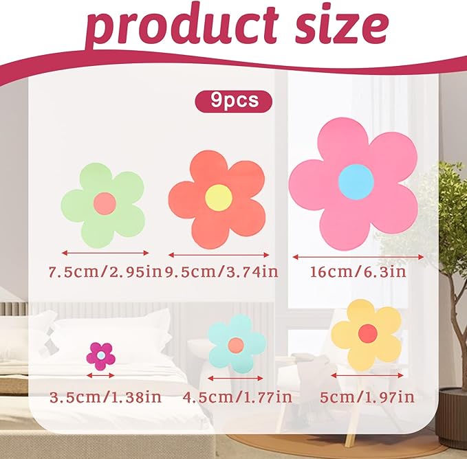 9 Sheets Colorful Flowers Wall Decals, Cute Daisy Self-Adhesive Wall Stickers, Removable Floral Wall Decor, Vinyl Peel and Stick Flower Sticker for Girls Teen Nursery Bedroom Dorm Kindergarten