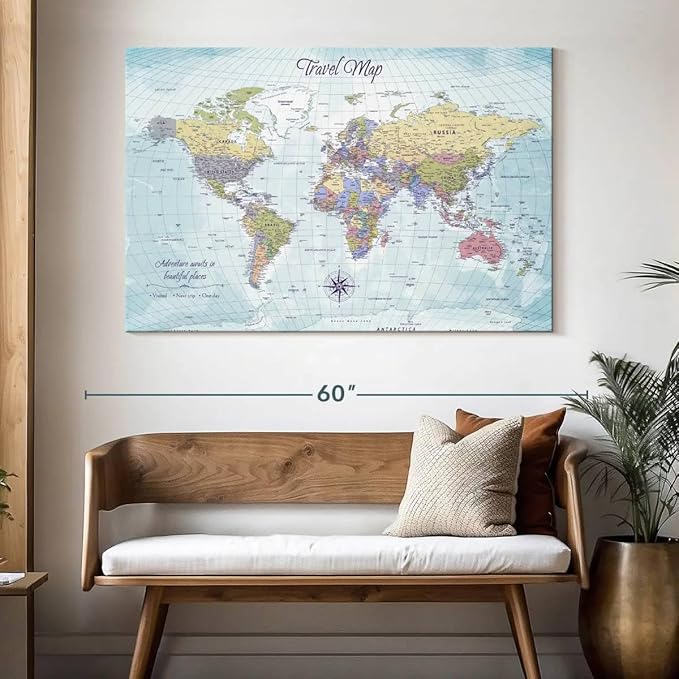 ElephantStock - Push Pin Travel Map World I Wall Art - Horizontal Canvas Wall Art - Living Room Wall Decor - Printmaking Map Canvas Art - Blue And Beige Decor - 51" x 34"