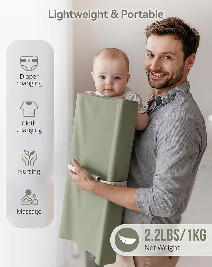 COMOMY Baby Changing Pad with Wipeable & Waterproof PU Cover, Contoured Diaper Changing Pad for Dresser with Non-Slip Safety Belt, Portable and Lightweight, Large Cushioned Foam, Green