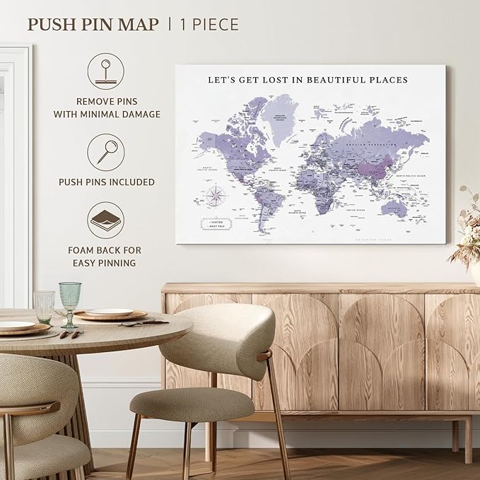 ElephantStock - Beautiful Places II Push Pin World Map Wall Art - Horizontal Canvas Wall Art - Living Room Wall Decor - Digital Art Map Canvas Art - White And Black Decor - 48" x 32"