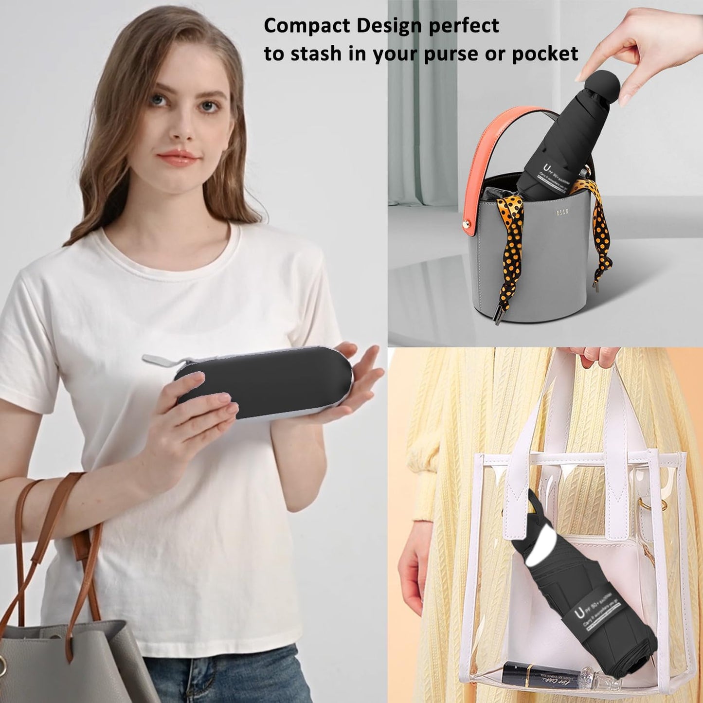 BAODINI Travel Essentials Mini Umbrella for Purse With Case Small Compact UV Sun Protection Lightweight Tiny Pocket Manual Open Close Umbrella for Women Kids and Men Fit Purse Backpack