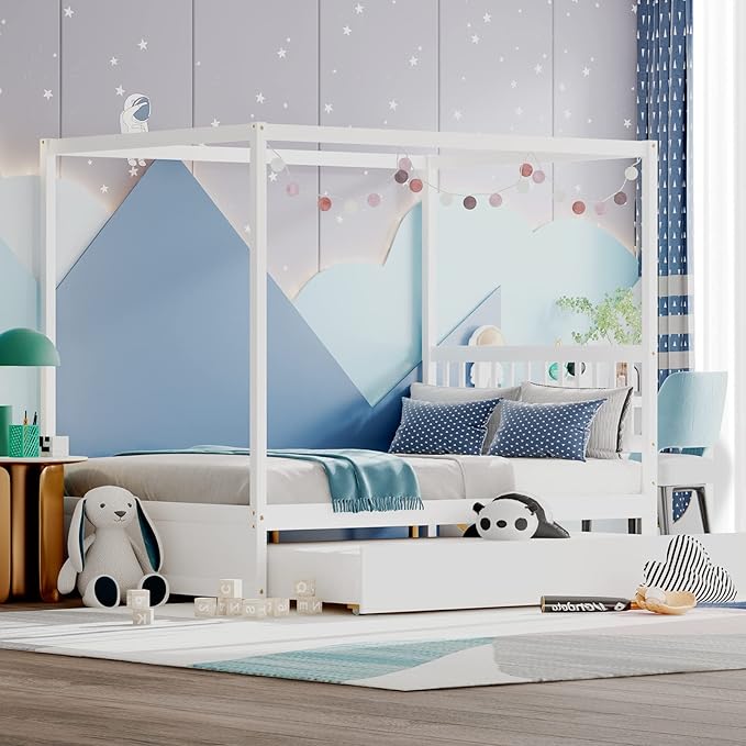 KOMFOTT Full Bed with Trundle, Solid Wood Canopy Bed Frame with Headboard, Modern Space Saving Full Bed with Twin Trundle Bed, No Box Spring Needed, Canopy Bed Frame