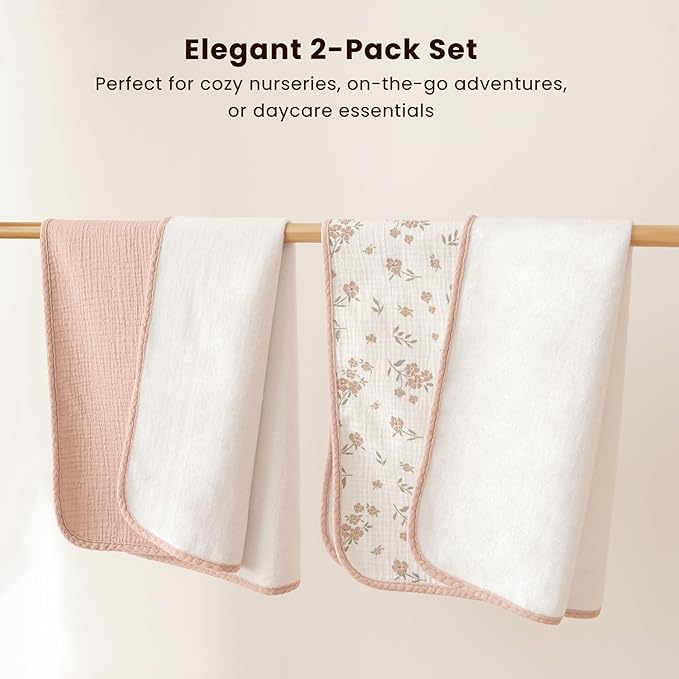 Konssy 2 Pack Waterproof Muslin Cotton Portable Changing Pad 30"x 17", Soft & Foldable Baby Changing Mat Travel Pad with Terry Backing, Shower Gift for Newborn Girls Boys (Pink,Blossom)