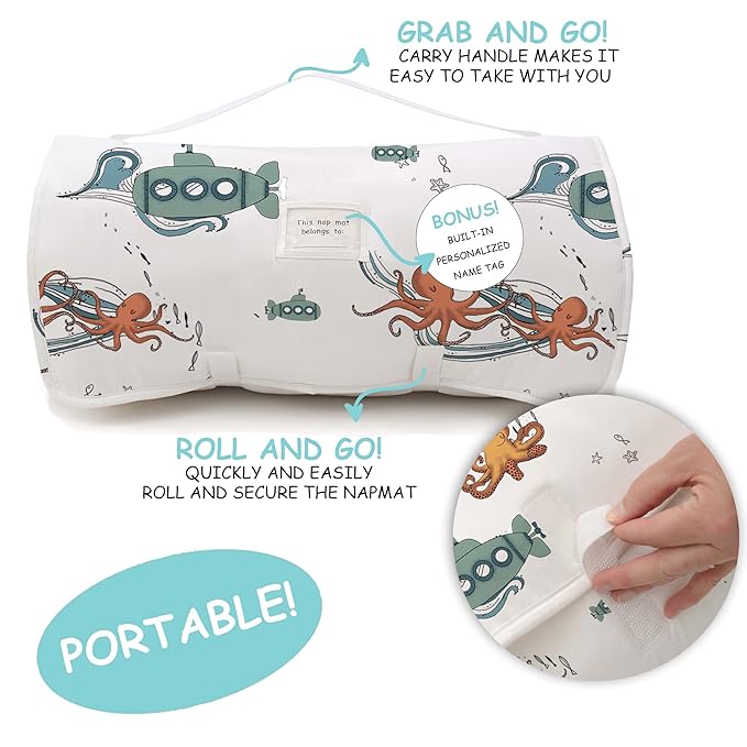 JumpOff Jo Extra Long Nap Mat for Kids - Cozy Kids Rest Mat with Removable Pillow and Ultra Soft Blanket for Preschool, Daycare, and Sleepovers - Octopus Treasure