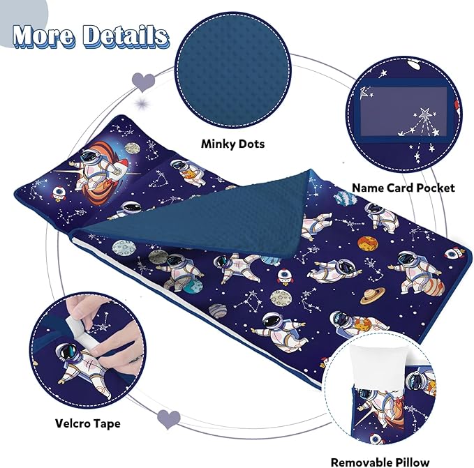 Toddler Nap Mat Kids Sleeping Bag 59"×24", Soft Slumber Bag with Removable Pillow and Blanket for Kids Girls Boys,Roll Up Sleeping Mat Thick for Camping,Daycare, Kindergarden