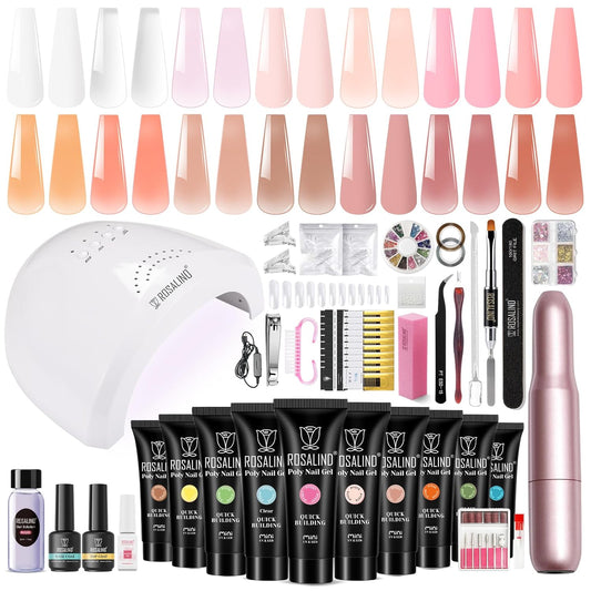 Poly Nail Gel Starter Kit -14 Colors + 75 Nails Art Accessories Kits, ROSALIND Nue Clear Poly Extension Gel with Big UV Light 48W and Electric Nail Drill Starter Kit with Everything