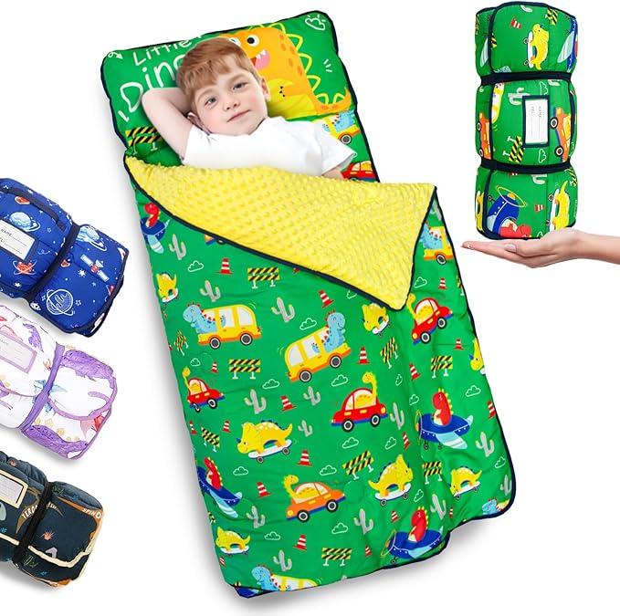 Primlect Thickened Toddler Nap Mat with Removable Pillow and Minky Blanket, Extra Large 55''x35'' Sleeping Bag, Washable, Roll up, Perfect for Daycare, Preschool, Kindergarten, Boys and Girls Dinoaur