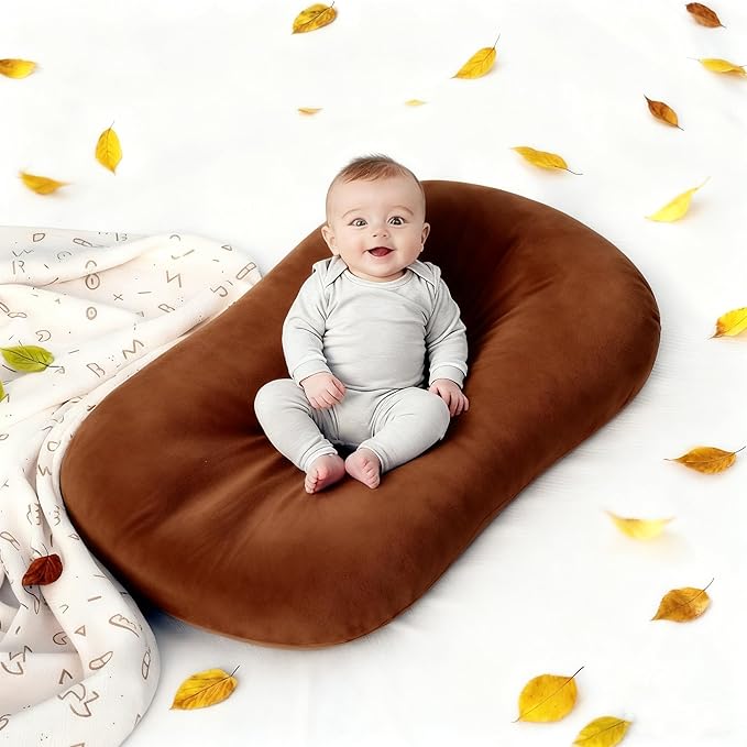 Baby Lounger 0-24 Months 100% Cotton-Snuggle Cozy Me Lounger,Soft & Breathable Tummy Time Mat for Newborn Infant Play Mat,Babies Essentials Gifts,Coffee(Lounger Cover Included)