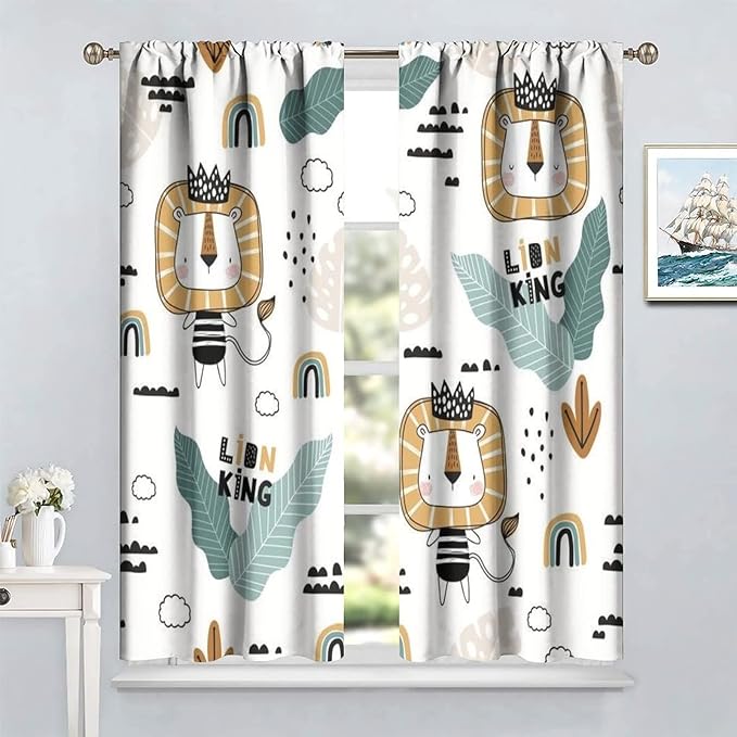 Cartoon Little Lion King Window Curtains for Baby Child,Cute Funny Forest Animals,Tropical Jungle Leaves Wildlife Boho Rainbow Print Blackout Drapes for Nursery Boys Girls Kids Bedroom 63x72in