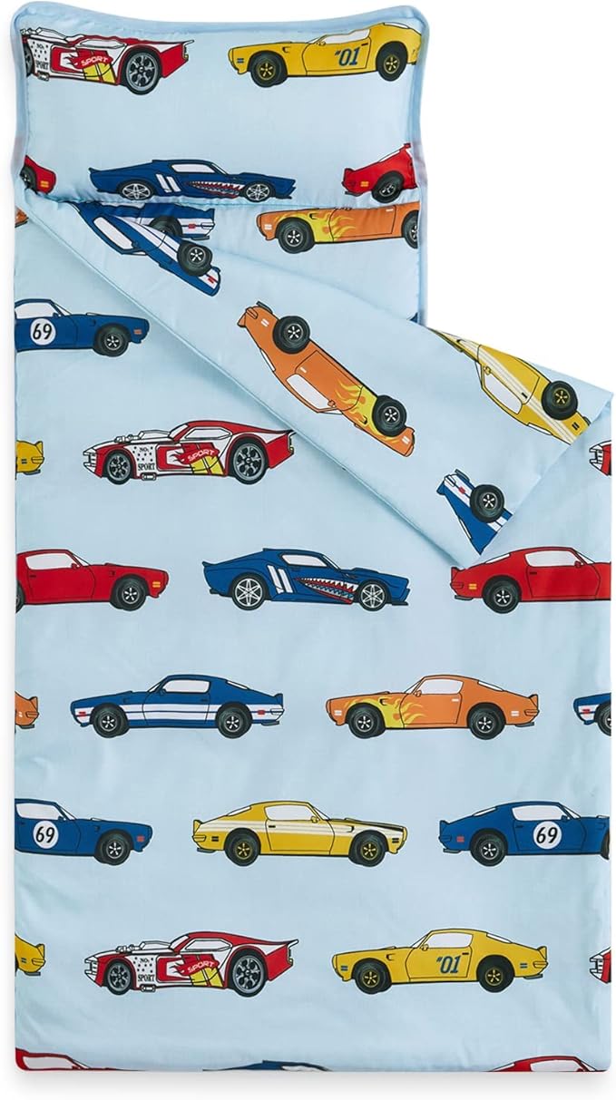 Wake In Cloud - Toddler Nap Mat with Pillow and Blanket, for Kids Boys Ages 3 Plus in Kindergarten Daycare Preschool, Roll Up Sleeping Bag, Race Cars Vehicles