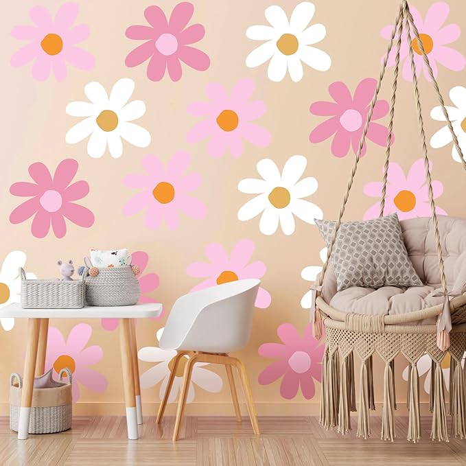 TaoBary 12 Sheets Daisy Wall Decal Flower Wall Sticker Cute Daisy Sticker Pink White Flower Decal Peel and Stick Floral Wallpaper for Nursery Bedroom Home Decor(Classic Color,Delicate Style)