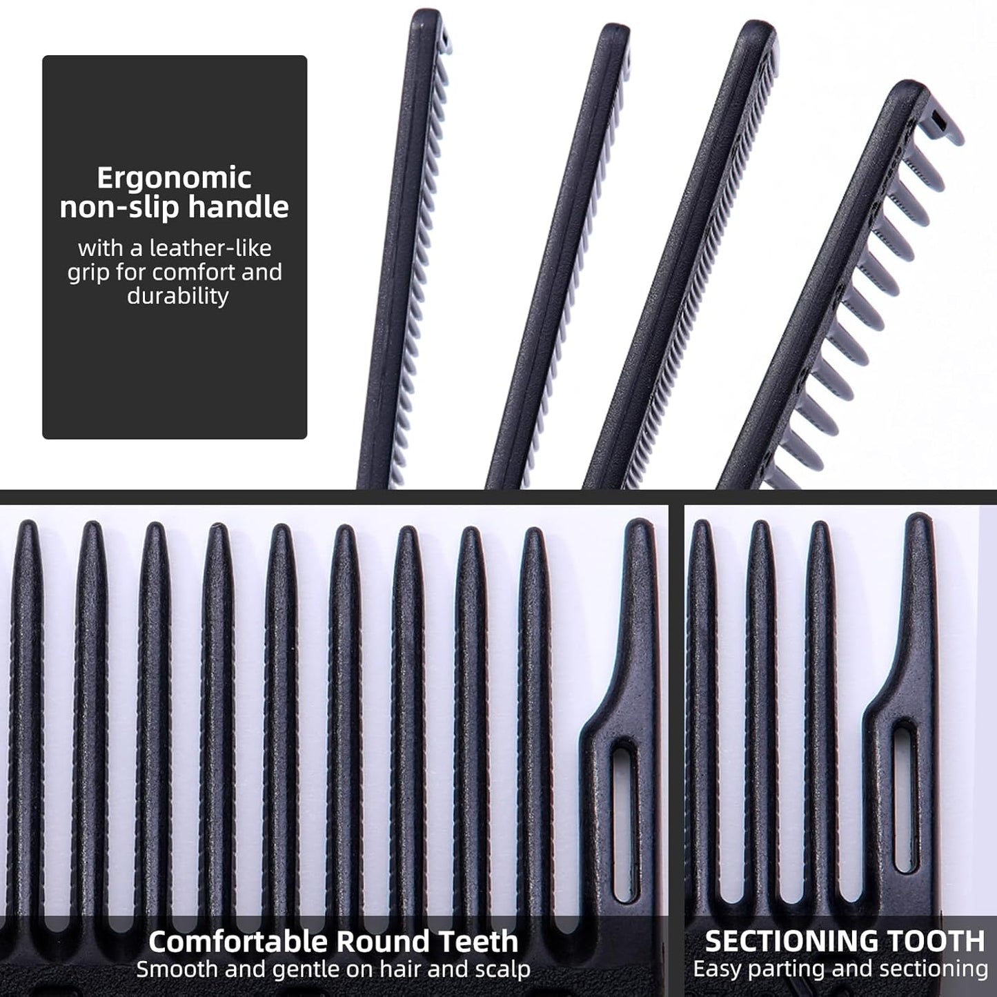 PERFEHAIR 2-Pack Professional Round Tooth Hair Cutting Comb - 9 Inch, Black Carbon Fiber Anti-Static & Heat Resistant, Durable Barber Combs with Fine & Wide Tooth for Precise Haircut for Men & Women