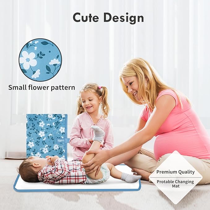 Portable Diaper Changing Pad for Baby - Waterproof Compact Changing Mat with Wrist Strap - Wipeable Travel Changing Pad for Diaper Bag - Gifts for Baby Shower by PHOEBUS BABY(Blue Flowers)