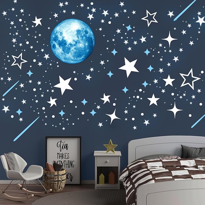 Glow in The Dark Stars for Ceiling, Starry Sky Stars and Moon Wall Decals, Space Solar System Galaxy Planets Wall Decors, for Kids Nursery Bedroom Living Room, Birthday Party Christmas
