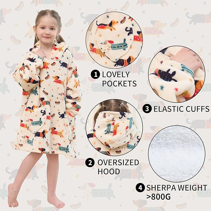 Fiosnow Dachshund Blanket Hoodies for Kids Toddler 2-6YR Oversize Wearable Blanket Hoodies for Boys Girls Teens