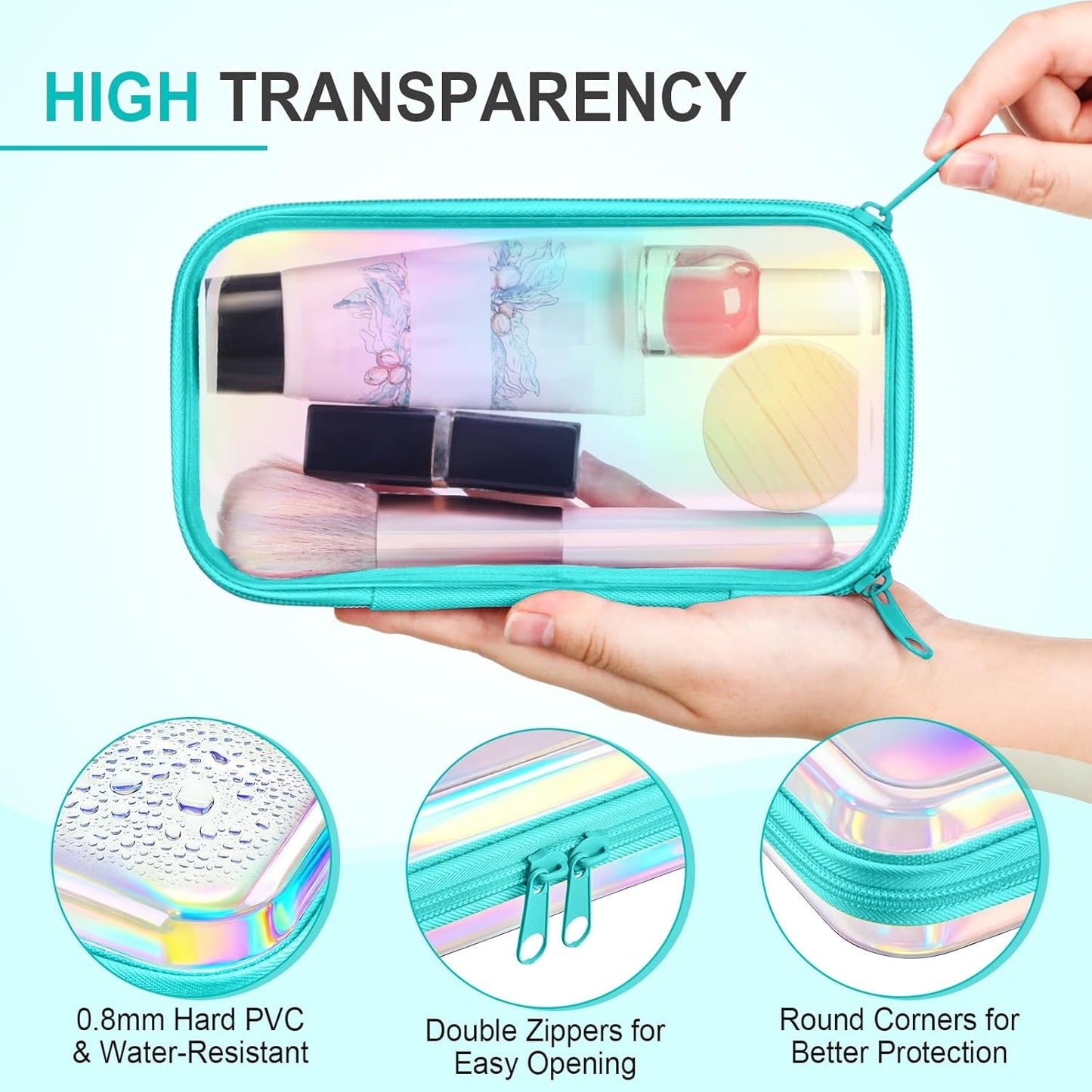 Hoolerry 4 Pcs Hard Clear Zipper Case Makeup Bags Plastic Pencil Pouch Transparent Storage Box Containers for Cosmetics, Snacks, Building Blocks, Puzzles(Blue Laser,7.5 x 3.9 x 2 in)