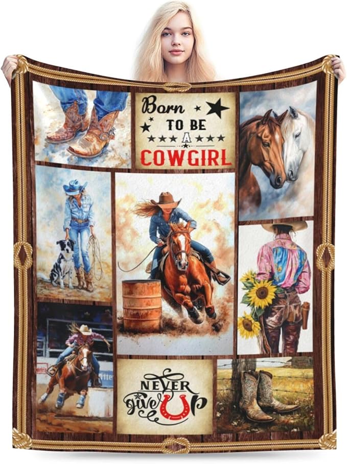 Cowgirl Racing Blanket Western Cowboy Throw Blanket Super Soft Flannel Lightweight Fluffy Plush Fuzzy Fleece Horse Blanket Gifts for Girls Woman Kids Prayer for Bed Sofa Bedding 60"X80"