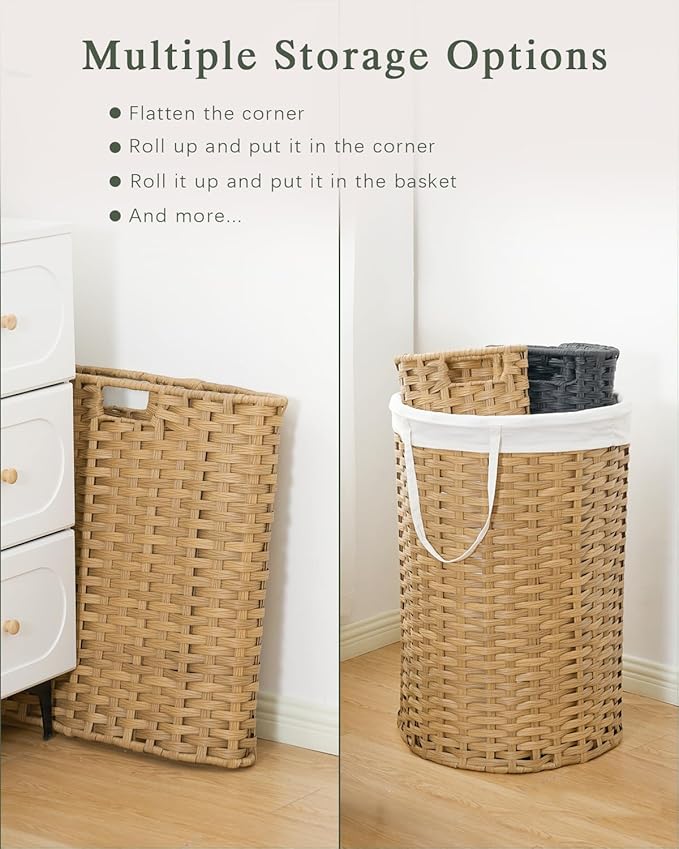 Laundry Hamper with Lid Laundry Basket with Lid 19.0 Gal (72 L) Round Wicker Laundry Basket Handwoven Rattan Hamper Removable Bag 2 Mesh Bags Handles for Living Room Bathroom Natural