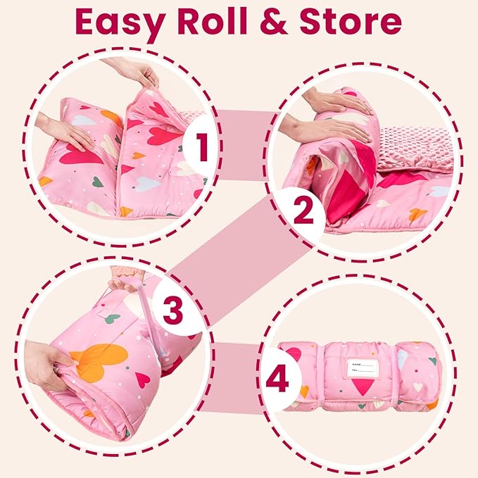 Toddler Nap Mat with Pillow and Minky Blanket, Large 55"x35" Sleeping Bag, Washable, Lightweight, Easy to Roll, Perfect for Preschool, Daycare, Kindergarten, Travel, Boys and Girls(Hearts)