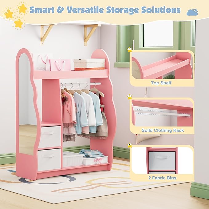 Kids Dress Up Storage Rack Mirror Wood Child Wardrobe 2 Hooks 2 Fabric Bins Toddler Closet Girls Boys Open Hanging Armoire Storage Shelf Coat Costume Hat Shoe (Pink/Cloud/Two Drawers)