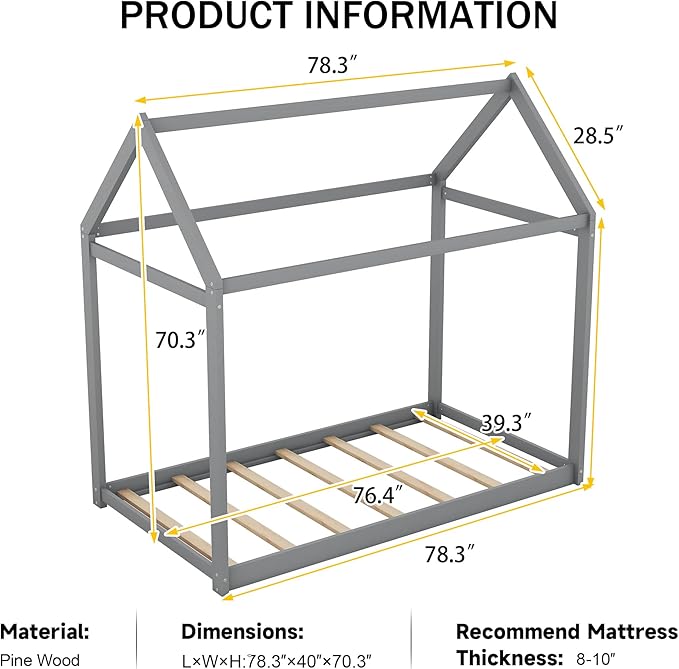 Merax Wood House Bed,Floor Bed with Wood Slats,No Box Spring Needed,Twin Size, Grey