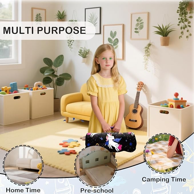 Toddler Nap Mat with Removable Pillow and Blanket, Cot Nap Mats for Daycare Preschool Kindergarten, Roll Up Lightweight Portable Travel Sleeping Bag, Black