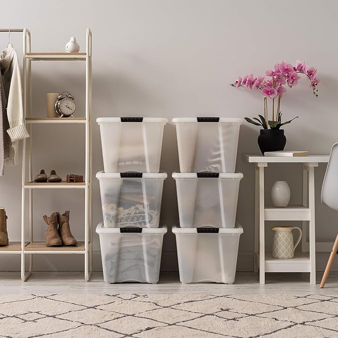 IRIS USA 54 Qt Stackable Plastic Storage Bins with Lids, 6 Pack - BPA-Free, Made in USA - Discreet Organizing Solution, Latches, Durable Nestable Containers, Secure Pull Handle - Pearl