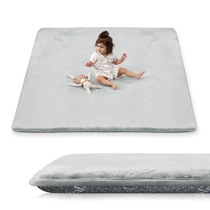 1.5" Thick Baby Play Mat for Floor, 50x50 Playpen Mat, Pro Soft Flannel Foam Mats Toddler Infant Kids Crawling for Nursery Rug Playroom Living Room Waterproof Easy Care Non-Slip (Light Grey)