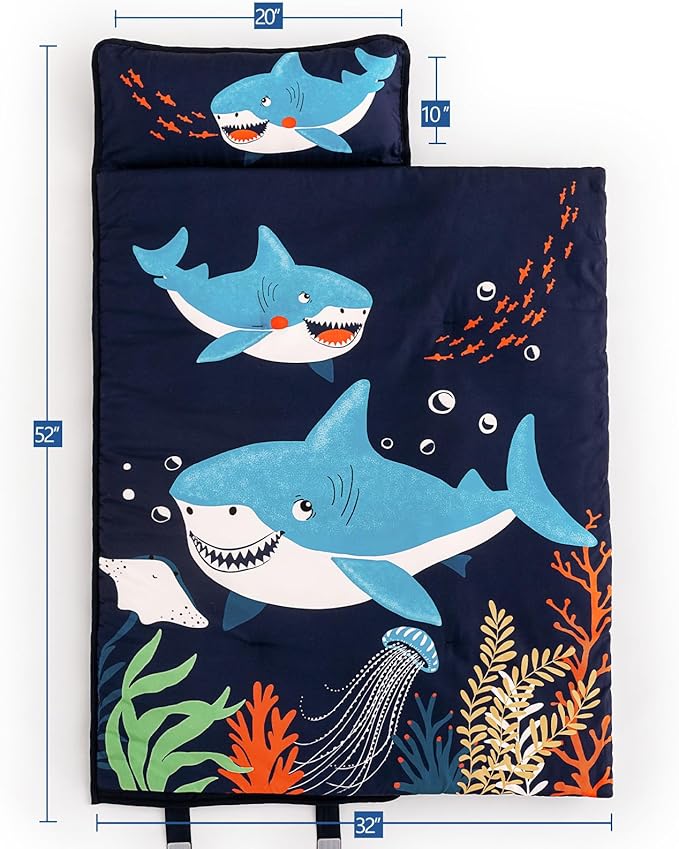 PHF Shark Toddler Nap Mat Set, with Removable Pillow for Toddler Boys, Soft and Lightweight for Daycare, Preschool, Travel, Kindergarten Sleeping Bag, Fits Ages 3-6 Years, Shark