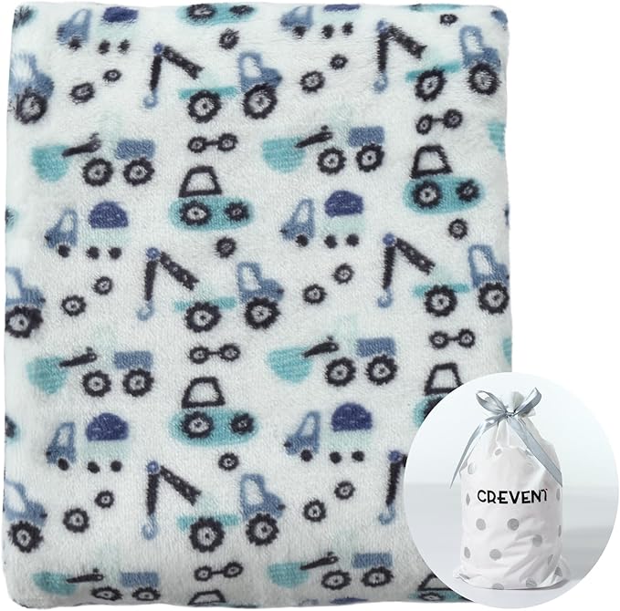 CREVENT 30"X40" Cute Lightweight Silky Cozy Warm Baby Blanket for Boys Infant Toddler Newborn Unisex Crib Cot Stroller, for All Season - Blue Truck