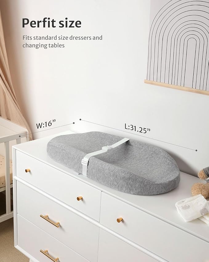 Blissful Diary Baby Changing Pad with Waterproof Lining Foam, Includes a Soft & Washable Cover, Contoured Changing Table Pads for Dresser Top with Non-Slip Bottom, 32”×16” (Grey, Avocado)