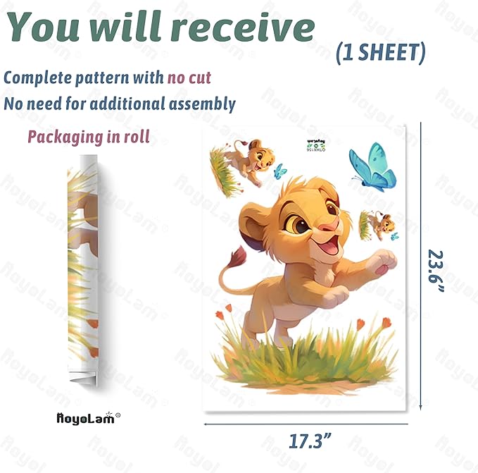 Baby Lion and Butterfly Wall Decals Removable Cartoon Animal Vinyl Stickers for Nursery Kids Bedroom and Playroom Decor Peel and Stick Wall Art