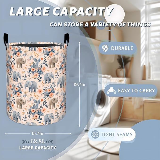 Gentle Elephant with Pastel Floral Laundry Basket with Handles, 19.7"x15.7" Clothes Foldable Laundry Hamper Organizer for Dorm Nursery Bedroom Bathroom Decor, Toy Storage Bin for Kids