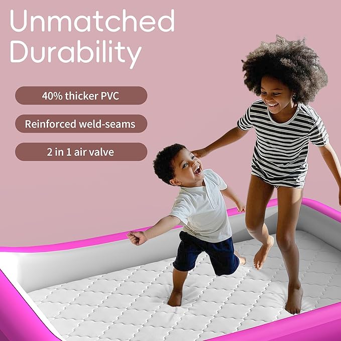 Inflatable Toddler Travel Bed, Portable Kids Air Mattress with Soft Bed Sheet, Toddler Air Mattress with Surround Safety Bumpers, Ideal for Home Use or Travel, Includes Pump and Carry Bag,Pink