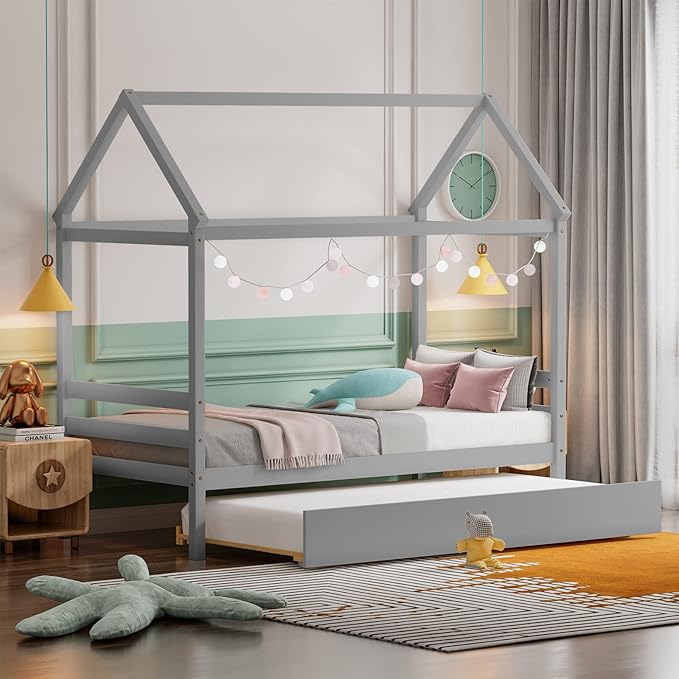 KOMFOTT Twin House Bed with Trundle, Solid Wood Playhouse Platform Bed Frame, Kids Daybed with Roof for Girls & Boys, No Box Spring Needed, Noise-Free Design, Easy Assembly, Grey