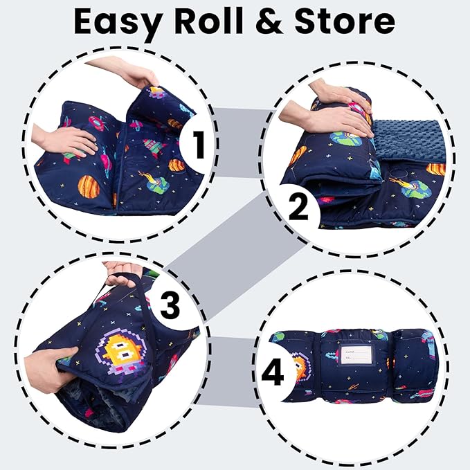 Toddler Nap Mat with Pillow and Minky Blanket, Large 55"x35" Sleeping Bag, Washable, Lightweight, Easy to Roll, Perfect for Preschool, Daycare, Kindergarten, Travel, Boys and Girls(Space)