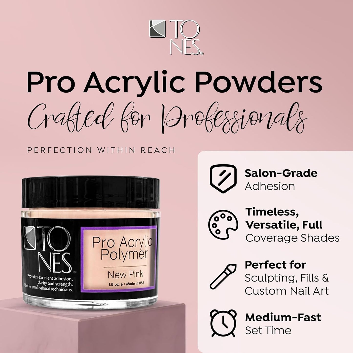 Tones Pro Acrylic Nail Powder, New Pink (Fresh Peach-Toned Pink), (8.5 Fl Oz) - Long-Lasting & Non-Yellowing Polymer for Salon Quality Nail Extensions & 3D Art