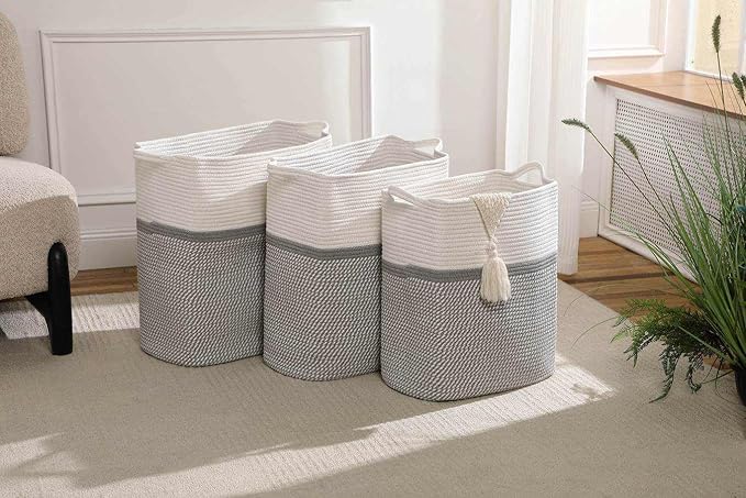 Tall Laundry Basket With Handles,Woven Cotton Rope Big Laundry Hamper Sorters,Versatile Storage for Dirty Clothes,Baby Toys,and Blankets in Bathroom, Nursery,and Living Room (White/Gray, 80L)