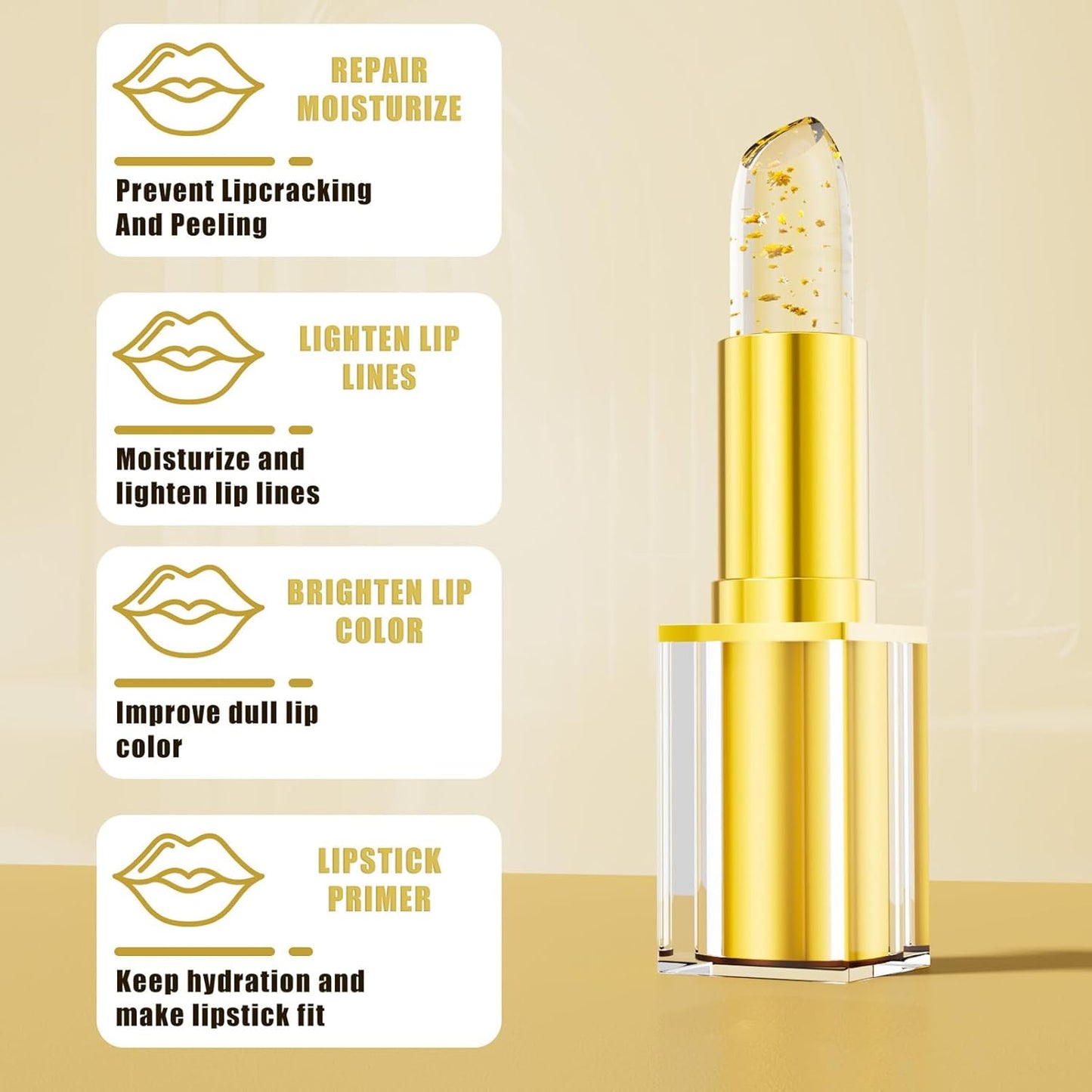 MUNIP Transferproof Color Changing Lipstick,Gold Crystal Ph Color Changing Conservation Clear Lipstick Set,Flower Jelly Lipsticks Set,Long Lasting Moisturizing Nutritious Lip Gloss for Women (1set)