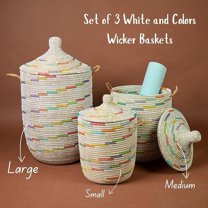 Tall Large Decorative Wicker Storage Basket with Lid, Laundry Hamper, Blanket Storage, Toys Bin, Clothes Holder, Boho Style (Colors White)