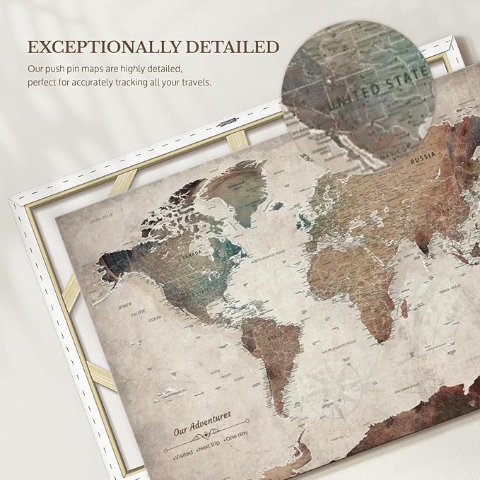 ElephantStock - Our Adventures World Map With Push Pin Iii Wall Art - Horizontal Canvas Wall Art - Living Room Wall Decor - Printmaking Map Canvas Art - Beige And Brown Decor - 30" x 20"