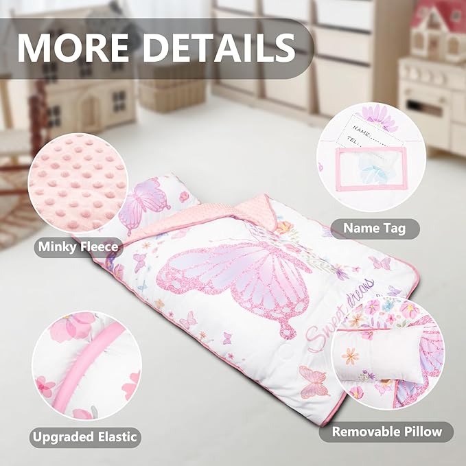 Primlect Thickened Toddler Nap Mat with Removable Pillow and Minky Blanket, Extra Large 55''x35'' Sleeping Bag, Washable, Roll up, Perfect for Daycare, Preschool, Kindergarten, Girls Butterfly