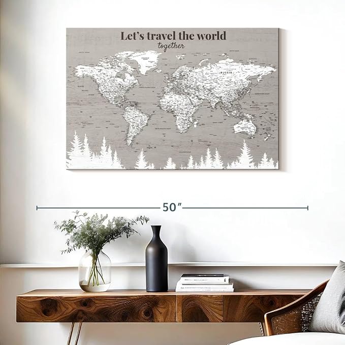 ElephantStock - Let's Travel II Push Pin World Map Wall Art - Horizontal Canvas Wall Art - Living Room Wall Decor - Digital Art Map Canvas Art - Gray And White Decor - 39" x 26"